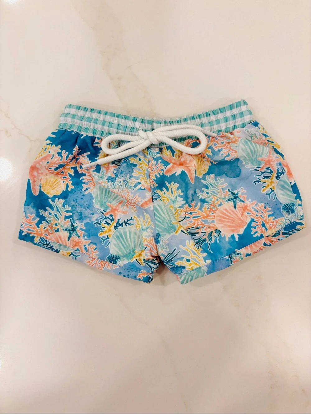 Like NEW Southern Darlin' Smocks Blue Coral Print Shortie Style Swim Trunks 12mo